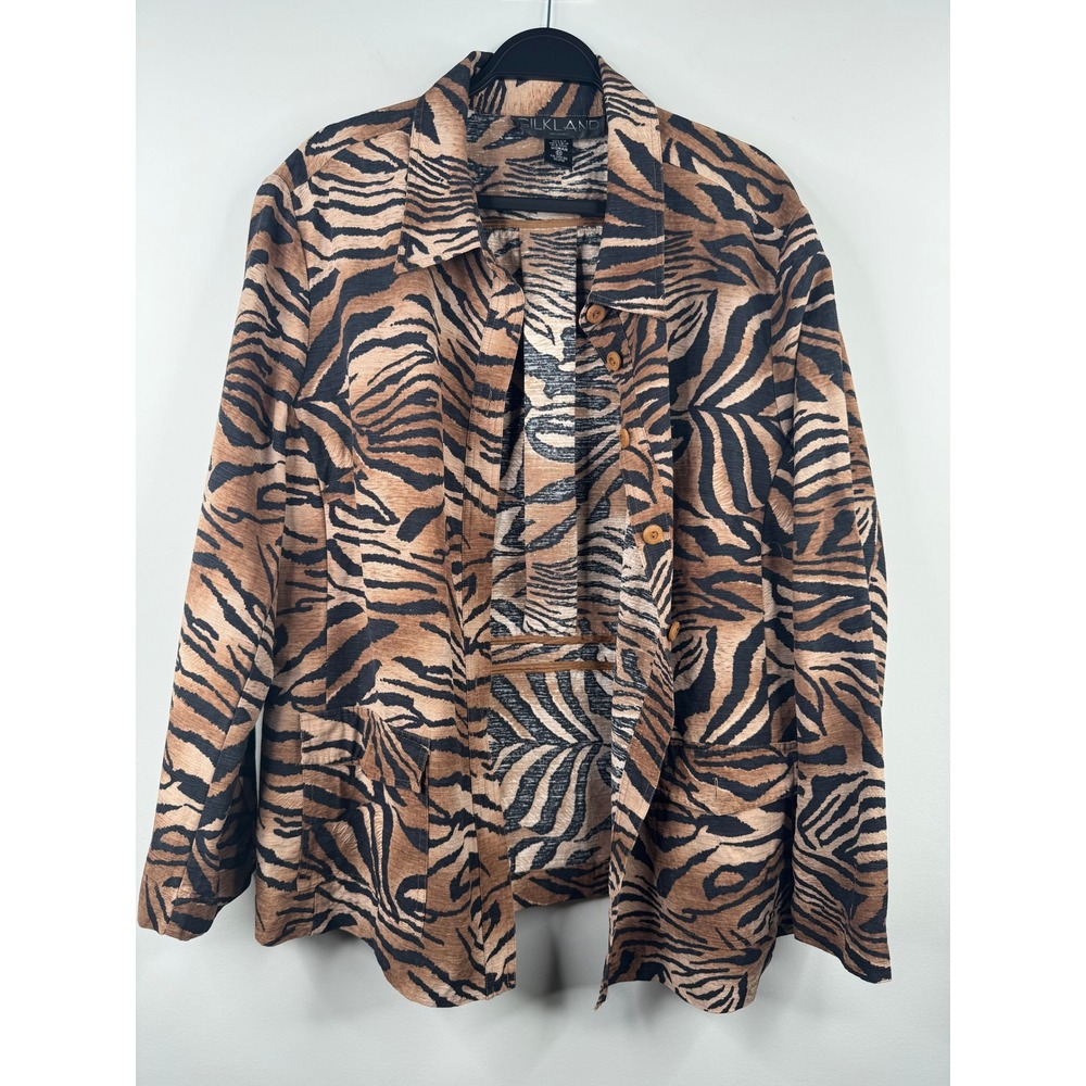 Silkland Woman 100% Silk Tiger Print Button Down Shirt Y2K Jacket Brown Black 3X